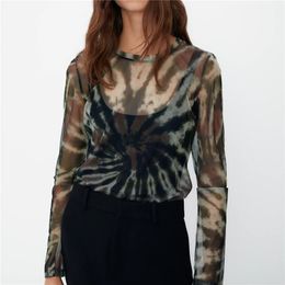 BLSQR Sexy See Through Tie-dye Print Tulle Blouses Women Fashion O Neck Long Sleeve Female Shirts Chic Tops 210430