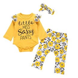 Baby Girls Long Sleeves+Trousers Set Spring Fall Children Boutique Clothing 0-2T Infant Toddlers Rompers Flower Pants 3 PC Set