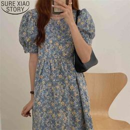 Blue Long Floral Pleat Dress Women Summer Round Collar Vintage Plus Size M-3XL Loose High Waistline Midi Sundress 14539 210506