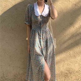 Women Chiffon Dress Summer Fashion Female Puff Sleeve Vintage Floral Print Peter Pan Collar Boho Casual Vestidos 210623