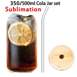 12 16 20oz Sublimation Creative Sequins Glass Can shape Bottle with Lid and Straw Summer Drinkware DIY Mason Jar Juice Cup by express