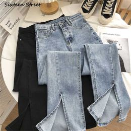 Streetwear Elastic Denim Flare Pants Woman High Waist Vintage Blue Split Jeans Woman Korean Chic Grey Bell Bottom Jeans Female 211111