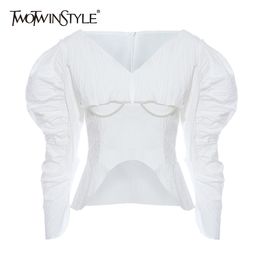 Casual Irregular Women Shirt V Neck Puff Long Sleeve Patchwork Beading Streetwear Style Blouses Female Fashion 210524