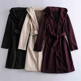 Women Autumn Winter Hooded Wool Blends Coats Long Sleeve Belt Solid Female Office Lady Elegant Outerwear Overcoat 210513