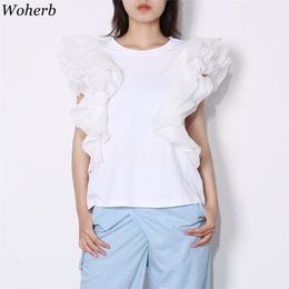 Summer Elegant Ruffle Flying Sleeve T Shirt Women Casual All Match O-neck Solid T-shirts Korean Cute Top Black White 210519