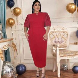 Burgundy Bodycon Dress Plus Size 4XL 5XL Women Summer Pleated Short Sleeve High Waist Slit Office Birthday Party Gowns with Bead 210527