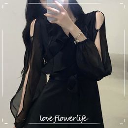 Design Lolita Shirt Dress Women Casual Summer Solid Gothic Elegant Black Dress Female Evening Party Dress Korean 210521