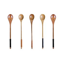 Spoons 5PCS Japanese Style Wooden Coffee Spoon Honey Stirring Long Handle Round With Wire Teaspoon Tableware