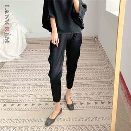 Women's pleated Casual Pants Solid Colour Fold Ankle Length Trousers Temperament Loose Fit Fashion Summer 2H1104 210526