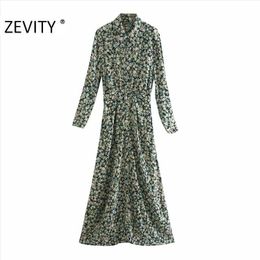 Zevity Autumn Women Fashion Floral Print Elatic Waist Midi Shirt Dress Ladies Chic Long Sleeve Casual Business Vestido DS4564 210325
