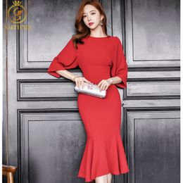 Spring High Quality Luxury Runway Dress Women Batwing Sleeve Red Fishtail Package Buttocks Dresses Vestidos 210520