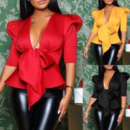 Women Blouses Casual Spring Shirts V Neck Sexy Bodycon Vintage Blouse Yellow Ruffle Fashion Outwear 210422