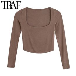 TRAF Women Sexy Fashion Fitted Cropped Ribbed Knitted T-Shirt Vintage Square Collar Long Sleeve Female Tops Mujer 210324