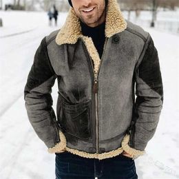 Winter Warm Long Sleeve Faux Fur Jackets Men Vintage Woolen Turn-down Collar Coats Mens Fashion Zip-up Overcoats Streetwear 211126
