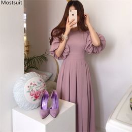 Summer Elegant Long Pleated Dress Women Korean Style Vintage Lantern Sleeve O-neck Tunic Bodycon Ladies Dresses 210513