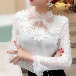 Women Shirts Lace Long Sleeve Blouse Bow Sweet Floral Hollow Lace Blouses Shirt Female Mesh Blusas 2021 Spring Women Tops X01F 210317