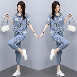 Women's Two Piece Pants Casual Suit 2021 Summer Cowboy Female Short Sleeve Top And Denim Two-Piece Plus Size 2 Set