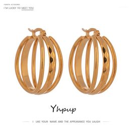 Hoop & Huggie Yhpup Minimalist Round Layered Hollow Earrings For Women Stainless Steel Jewellery Charm Metal Texture Gift 2022