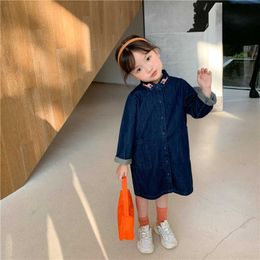 Korean style cute embroidery collar oversized denim dress Spring girls fashion loose single-breasted dresses Q0716