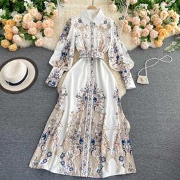 Fitaylor Spring Autumn Women Vintage Notched Collar Puff Sleeve Long Dress Single Breasted Floral Print Dress with Belt 210706