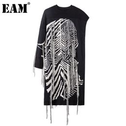 [EAM] Women Black Knitting Striped Tassels Big Size Dress Round Neck Long Sleeve Loose Fit Fashion Spring Autumn SG592 21512