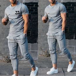 Samlona Plus Size 3xl Men Set Casual Latest 2021 Slim T-shirt Multi-pockets Drawstring Pants Men Two Piece Outfits ropa hombre X0610