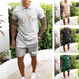 2021 Summer Men's Lapel Solid Colour Suit Sports Leisure Set T/C Fabric Men's Zipper Polo Short Sleeve Shirt Shorts 2-Piece Set X0909