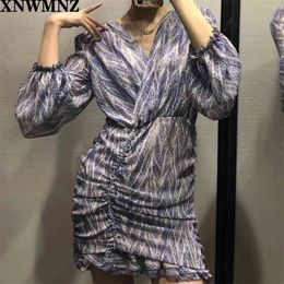 Women Chic Fashion Texture Print Folds V-neck Mini Dress Vintage Long Sleeve Female Dresses Vestidos Mujer 210520