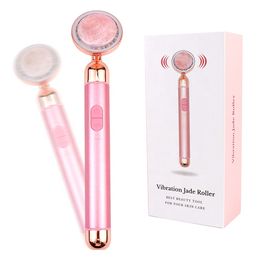 Luxurious Heating Electric Face Roller Massage Tool Natural Rose Quartz Beauty Bar USB Rechargeable Anti Wrinkle Cellulite Skin Detox Massager