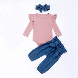 Baby Jumpsuit Autumn Winter Flying Sleeves Bowknot Romper Suit Kids Clothes Girls Children's Clothing 210528