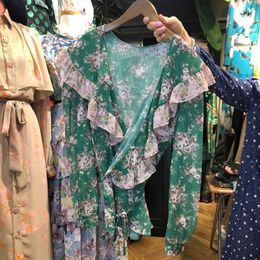 Summer All Match Floral Print Retro Turn Down Collar Ruffles Shirts Women Tops 210615