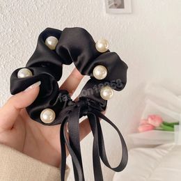 Korean Ins Wind Ribbon Sweet And Pure Desire Hair Ring Bow Tie Pearl Hair Accessories Simple Temperament Ponytail Head Rope