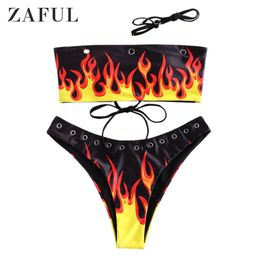 ZAFUL Women Lace-up Bandeau Bikini Strapless Sexy Swimsuit Flame Print Grommets Ladies Swimwear Bikinis Set Padded Bathing Suit 210318