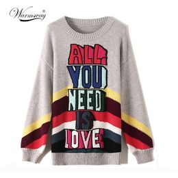 Brand Designer Fall Winter Sweater Thick Warm Pullovers Fashion Rainbow Letter Jacquard Knitwear Women O Neck Tops C-043 210522