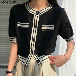 Color-blocked Knitted Cardigan Women Summer Short Sleeve O-neck Single Breasted Sweater Tops Vintage Korean Elegant Jumpers 210513