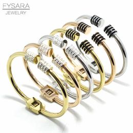 Fysara High Quality Cz Full Crystals Stone Bangles Bracelets Stainless Steel Screw Round Arrows Cuff Bracelets for Women Q0717