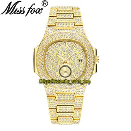 MISSFOX eternity V293B 1 Hip hop Fashion Mens Watches CZ Diamond inlay Dial Quartz Movement Men Watch Iced Out Diamonds Alloy Case Gold Bracelet