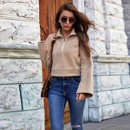 Khaki Fleece Casual Short Hoodie Women Faux Fur Sweatshirt Top Autumn Winter Turn Down Collar Zipper Long Sleeve Pullovers Mujer 210526