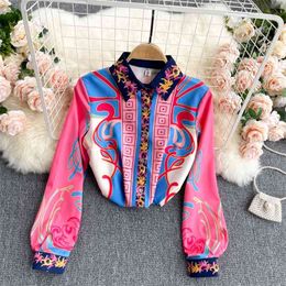 European American Retro Fashion Blouse Female Printed Shirt Buttoned Blusa Small Stand-up Collar GK362 210506