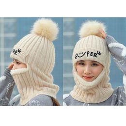 Berets Outdoor Winter Windproof Siamese Scarf Collar Hat Set Beanies Caps Wool Knitted Pompoms