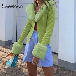 Sweetown Ribbed Knitted Ladies Cardigans Sweaters With Fur Trim Collar Long Sleeve Slim Autumn Winter Jumpers Women Knitwear 210928
