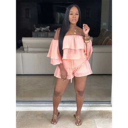 Sexy Two Piece Sweatsuits Summer Clothes For Women Slash Neck Ruffles Sleeve Crop Top+ Biker Shorts Casual 2 Piece Matching Set Y0702
