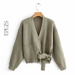 Womens green knitted Cardigan Sweater women long sleeve sashes chic sweater Streetwear Knit 211011