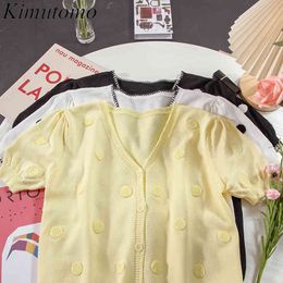 Kimutomo V-neck T-shirt Women Spring Summer High Waist Retro French Style Short Sleeve Single Breasted Tops Thin 210521