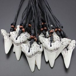 Europe Imitation Yak Bone Carving Shark Tooth Charm Pendant Wood Beads Necklace Amulet Gift