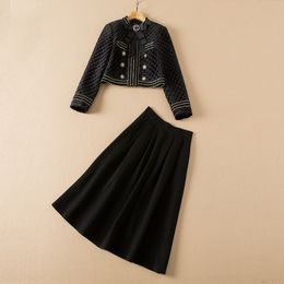 European and American women's clothing winter 2022 new Long-sleeved double-breasted velvet coat Pleated skirt Fashion suits XXL