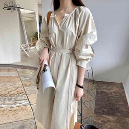 Spring Summer Women Dresses Lace Up Casual Buttons Fashionable O-neck Vintage Oversize Long Dress Apricot Robe Femme 13285 210521