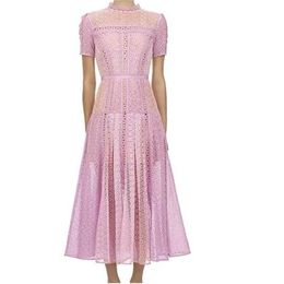 Fashion High Quality Luxury Design Runway Dress For Women Summer Lace Patchwork Short Sleeve Pink Purple Dresses 210520