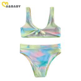 6-13Y Summer Children Kid Girls Bikinis Set Tie-dye Print Bow Crops Top and Bottoms Child Swimsuit Beachwear 210515