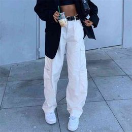 Women Cargo Pants Straight Pockets Button Up Loose Trousers Ladies Sale Classic Basic High Waist Streetwear 210522